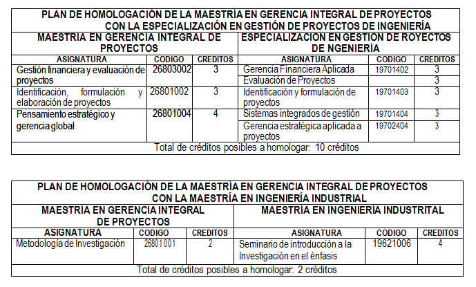 Plan de homologación Maestría en Gerencia Integral de Proyectos